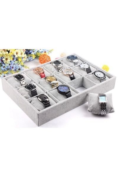Aydın Decor Domestic Production Suede Fabric Gray Color 12 Compartments Padded Watch Bracelet Drawer Stand