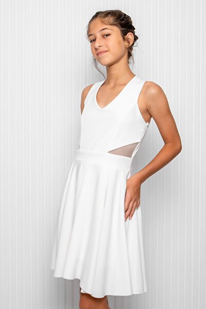 SUBU TASARIM Βραδινό φόρεμα κρεπ εκρού - Κοριτσίστικο με λαιμόκοψη MDV352