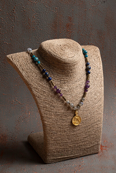 ÇAKRA DOĞAL TAŞ Sertifikalı Doğal Labradorit, Ametist,  Aventurin ve Sedef Taşı Yay Burcu Kolyesi