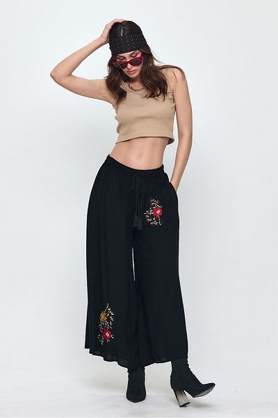 Denismoda Women's Black Elastic Waist Pocket Ethnic Embroidery Detailed Loose Wide Leg Trousers