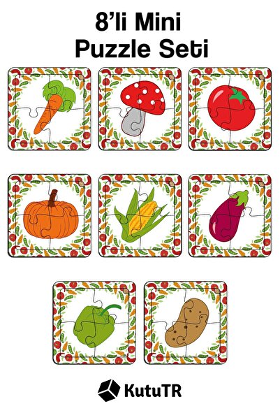 kutuTR Çocuklar Için Eğitici Ve Öğretici Ahşap 8 Li 4 Parçalı Sebzeler Mini P...
