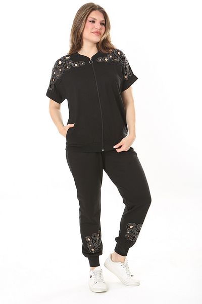 Şans Women's Plus Size Black, Chest and Leg Detailed Two-Piece Suit 65N38934