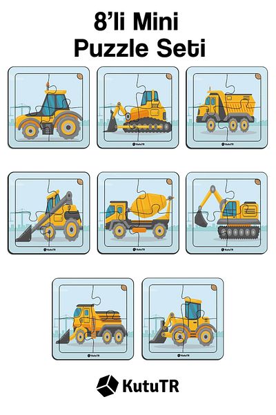 kutuTR Educational and Instructional Wooden 8-Piece 4-Piece Construction Machinery Mini Puzzle Set for Children 8-Piece