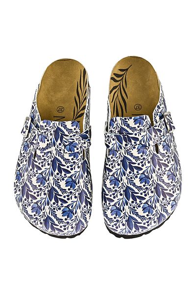 NOOSY Papuci de damă cu design cu flori albastre imprimate