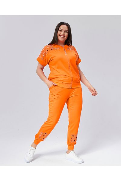 Şans Women's Large Size Orange, Chest and Leg Detailed Two-Piece Suit 65N38934