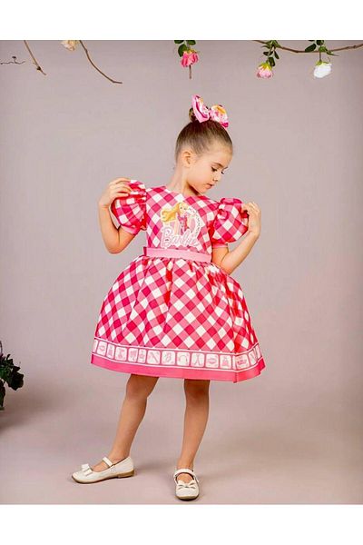BUTİKHAPPYKİDS Girl's Fuchsia Puffy Barbie Dress Short Sleeve Buckle Gift 1-8 Years Old