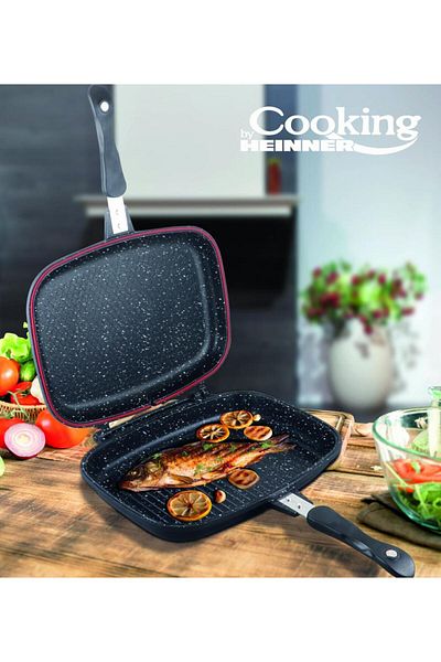 Cooking by Heinner DOUBLE RECTANGULAR GRILL PAN, CAST ALUMINUM, 32x24x7.5 CM, DARK LINE