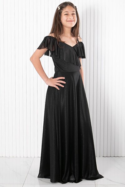 SUBU TASARIM Askılı Simli Abiye Elbise Siyah MDV938