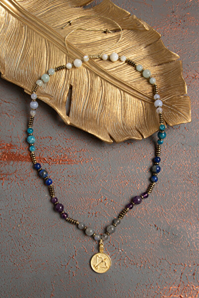 ÇAKRA DOĞAL TAŞ Sertifikalı Doğal Labradorit, Ametist,  Aventurin ve Sedef Taşı Yay Burcu Kolyesi