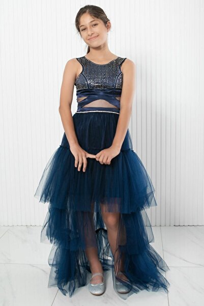 SUBU TASARIM Βραδινό φόρεμα από τούλι Navy Blue - Λεπτομέρεια εκτύπωσης με πέ...