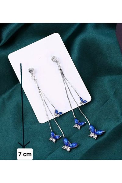 ER TAKI Silver Colored Blue Jewelled Long Dangle Stylish Butterfly Engagement Henna Wedding Evening Dress Earrings