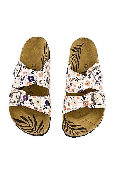 NOOSY Papuci de damă cu design cu flori albastre-portocalii imprimate