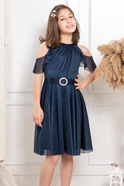 SUBU TASARIM Παιδικό βραδινό φόρεμα Glitter Tulle Navy Blue Mdv310