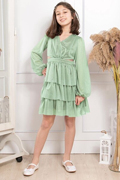 SUBU TASARIM Παιδικό βραδινό φόρεμα με βολάν Glittery Tulle Green Mdv308