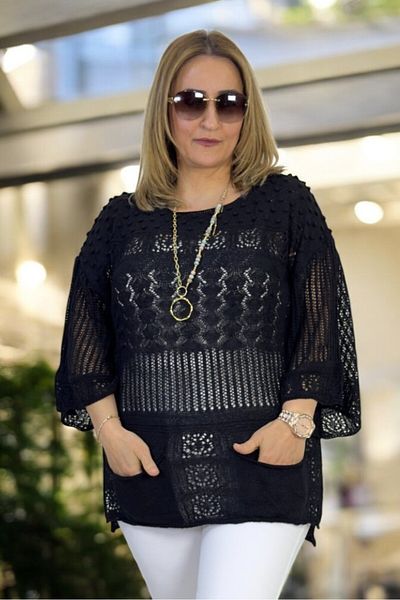yagmurberen Knitted Patterned Spanish Sleeve Boat Neck Pocket Slit Large Size Italian Mercerized Bluz Sweater.