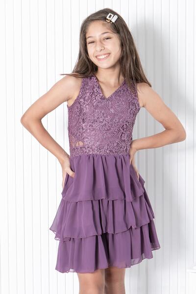 SUBU TASARIM Βραδινό φόρεμα σιφόν βολάν λιλά Mdv334