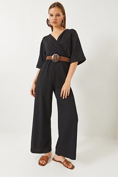 Bianco Lucci Women's Double Breasted Lapel Short Sleeve Straw Belt Jumpsuit 60261556