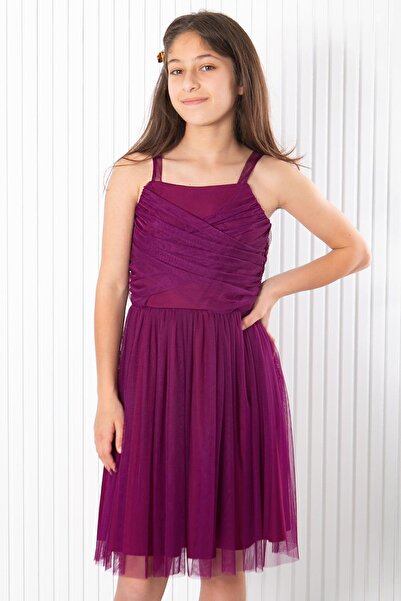 SUBU TASARIM Βραδινό φόρεμα με λουράκι από τούλι Plum MDV932