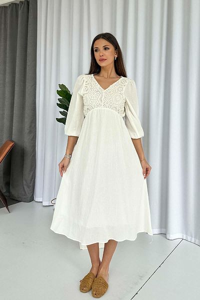 Mine Tan Butik Rochie cu decolteu în V din țesătură de muselină brodată - Ecru