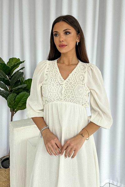 Mine Tan Butik Rochie cu decolteu în V din țesătură de muselină brodată - Ecru