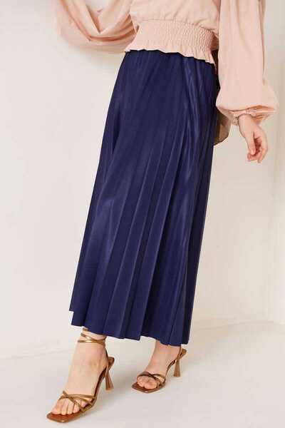 trendhazan Elastic Waist Leather Look Pleated Hijab Skirt