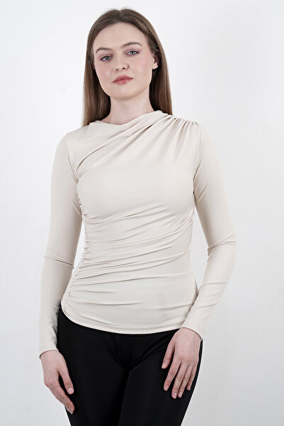 Hebb Club Women's Sendy Fabric Crew Neck Draped Blouse