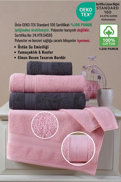 Ellaline Σετ πετσετών μπάνιου Anthracite Pink 4 τεμαχίων - 100% βαμβάκι, διαμαντένιο μοτίβο, 50x80-70x130cm