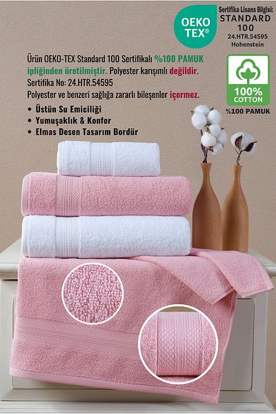 Ellaline Σετ πετσετών μπάνιου 4 τεμαχίων - 100% βαμβάκι, μοτίβο διαμαντιών, ροζ λευκό, 50x80-70x130