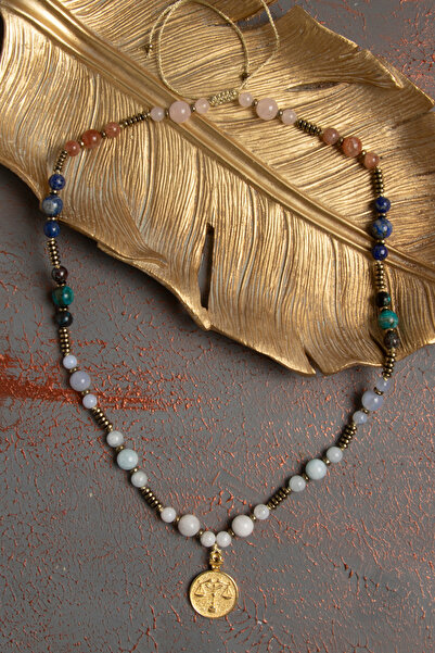 ÇAKRA DOĞAL TAŞ Sertifikalı Doğal Pembe Kuvars, Güneş Taşı, Lapis ve Ay Taşı Terazi Burcu Kolyesi