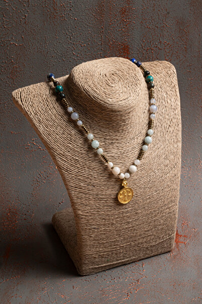 ÇAKRA DOĞAL TAŞ Sertifikalı Doğal Pembe Kuvars, Güneş Taşı, Lapis ve Ay Taşı Terazi Burcu Kolyesi