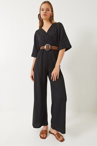 Bianco Lucci Women's Double Breasted Lapel Short Sleeve Straw Belt Jumpsuit 60261556