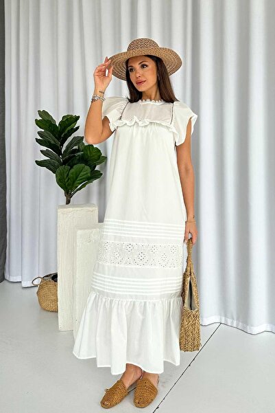 Mine Tan Butik Rochie de damă festonată cu mâneci cu volane - albă