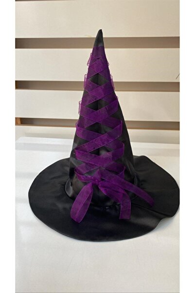 BUTİKHAPPYKİDS Kız Çocuk Siyah Saten Mor Kurdeleli Cadı Şapkası