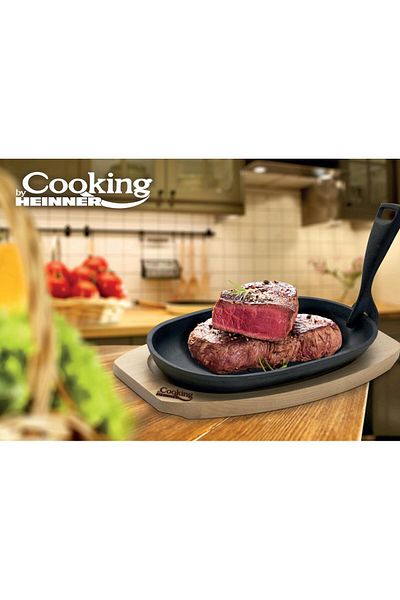 Cooking by Heinner CAST IRON OVAL STEAK DISH 24X14CM WITH WOODEN BASE AND DETACHABLE HANDLE