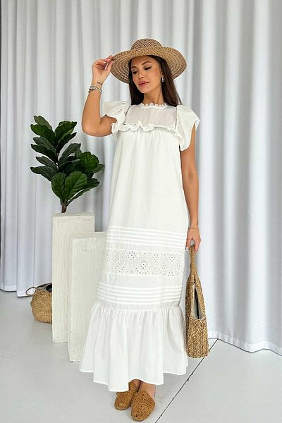 Mine Tan Butik Γυναικείο φόρεμα με βολάν με λεπτομέρεια στρογγυλό - Λευκό