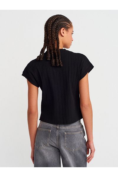 Dilvin 60968 Crew Neck Corded Buttoned Knitwear Cardigan-Black