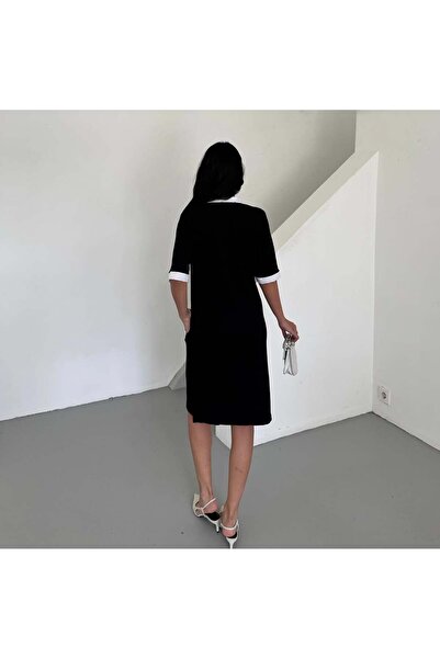 Asil Kolları Ve Cebi Detaylı Yırtmaçlı Yarım Fermuarlı Şık Midi Elbise