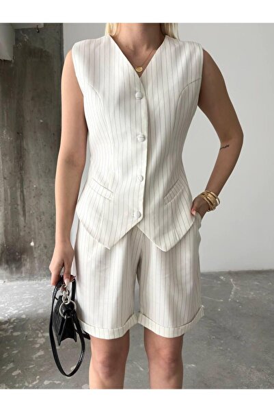 LE CARAMBOLE Women's Ecru Buttoned Front Striped Vest-Shorts Double Set