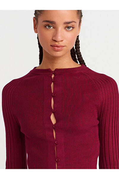 Dilvin 60967 Crew Neck Ribbed Buttoned Slim Knitwear Cardigan-Claret Red