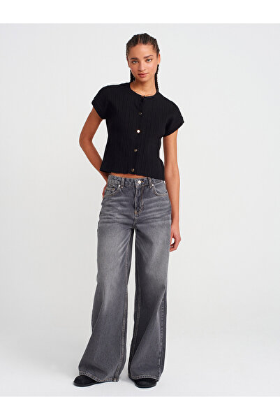 Dilvin 60968 Bisiklet Yaka Fitilli Düğmeli Triko Hırka-Siyah