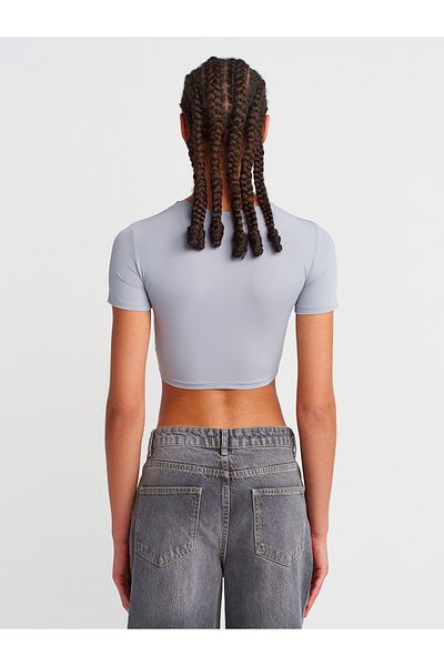 Dilvin 31175 Crew Neck Crop Top-Medium Gray