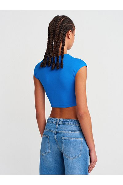 Dilvin 30528 Cotton and Modal Blended Crop Top-Sax