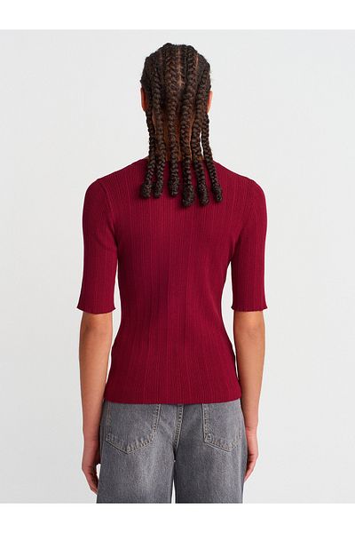 Dilvin 10731 Crew Neck Ribbed Buttoned Slim Knitwear Blouse-Claret Red