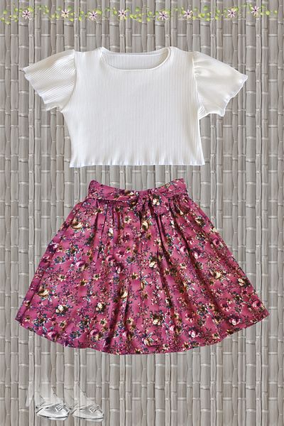 MODA59 Ribbed Ecru Color Modal Cotton Crop and Viscose Floral Skirt Set