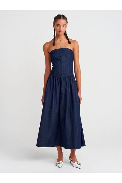 Dilvin 90547 Waist Section Gathered Strapless Denim Dress-Navy Blue