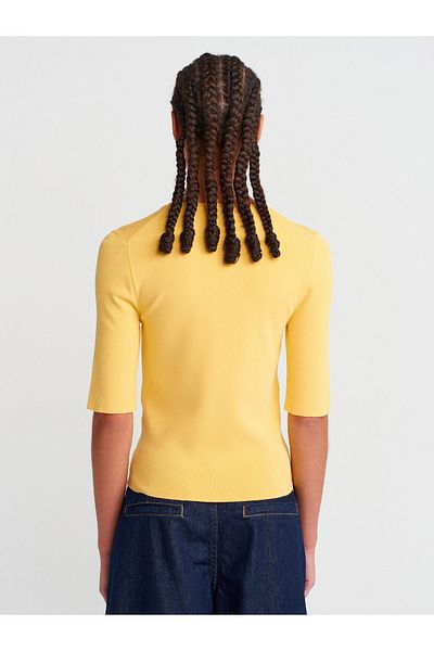 Dilvin 10743 Crew Neck Buttoned Knitwear Blouse-Dark Yellow