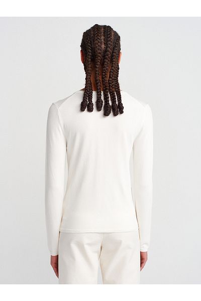 Dilvin 10736 Crew Neck Buttoned Basic Thin Knitwear Sweater-Ecru