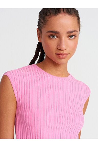 Dilvin 10738 Crew Neck Ribbed Thin Knitwear Blouse-Dark Pink
