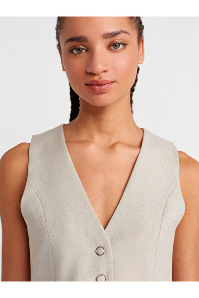 Dilvin 60579 Glitter Buttoned Vest-Stone