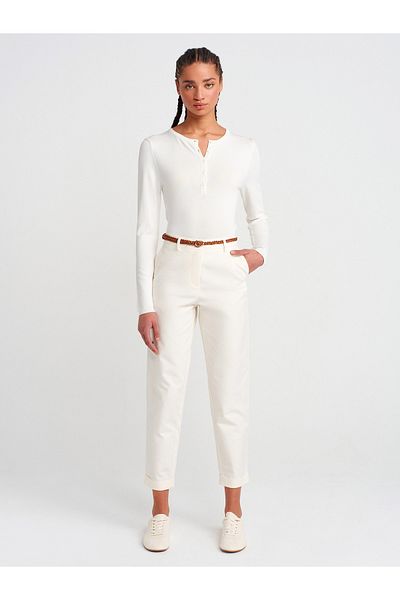 Dilvin 71637 Knitted Belted Chino Trousers-White